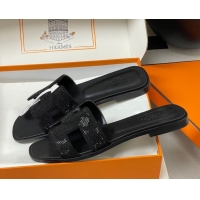 Stylish Hermes Classic Oran Flat Slides Sandal in Suede and Strass Black 1023104