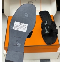 Stylish Hermes Classic Oran Flat Slides Sandal in Suede and Strass Black 1023104