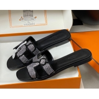 1:1 aaaaa Hermes Classic Oran Flat Slides Sandal in Suede and Strass Black/Silver 1023105
