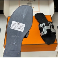 1:1 aaaaa Hermes Classic Oran Flat Slides Sandal in Suede and Strass Black/Silver 1023105