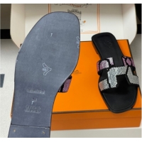 Sophisticated Hermes Classic Oran Flat Slides Sandal in Suede and Strass Black/Pink 1023106
