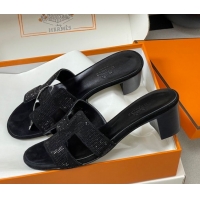 Classic Hot Hermes Classic Oasis Heel Slides Sandal 5cm in Suede and Strass Black 1023107