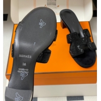 Classic Hot Hermes Classic Oasis Heel Slides Sandal 5cm in Suede and Strass Black 1023107