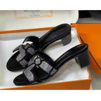 Stylish Hermes Classic Oasis Heel Slides Sandal 5cm in Suede and Strass Black/Silver 1023108