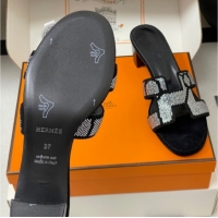 Stylish Hermes Classic Oasis Heel Slides Sandal 5cm in Suede and Strass Black/Silver 1023108