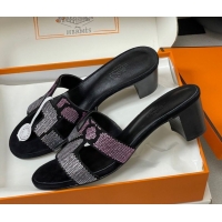 Shop Cheap Hermes Classic Oasis Heel Slides Sandal 5cm in Suede and Strass Black/Pink 1023109