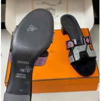 Shop Cheap Hermes Classic Oasis Heel Slides Sandal 5cm in Suede and Strass Black/Pink 1023109
