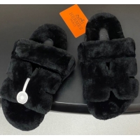 Sumptuous Hermes Chypre Flat Slides Sandal in Wool Black H102306 1023110