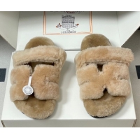 Best Grade Hermes Chypre Flat Slides Sandal in Wool Beige H102306 1023111