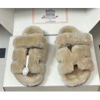 Perfect Hermes Chypre Flat Slides Sandal in Wool Grey H102306 1023113