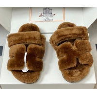 Fashion Luxury Hermes Chypre Flat Slides Sandal in Wool Brown H102306 1023114