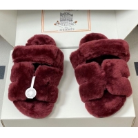 Fashion Hermes Chypre Flat Slides Sandal in Wool Burgundy H102306 1023115
