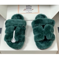 Trendy Design Hermes Chypre Flat Slides Sandal in Wool Green H102306 1023116