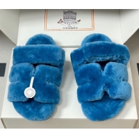 Top Grade Hermes Chypre Flat Slides Sandal in Wool Blue 2025 H102306 1023117