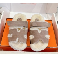 Unique Style Hermes Chypre Flat Slides Sandal in Suede and Shearling Grey H102307 1023118