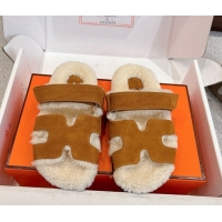 Best Product Hermes Chypre Flat Slides Sandal in Suede and Shearling Brown Yellow H102307 1023119
