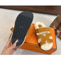 Best Product Hermes Chypre Flat Slides Sandal in Suede and Shearling Brown Yellow H102307 1023119