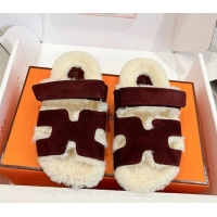Shop Duplicate Hermes Chypre Flat Slides Sandal in Suede and Shearling Burgundy H102307 1023120