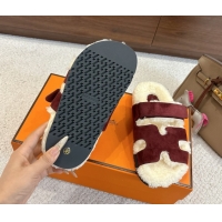 Shop Duplicate Hermes Chypre Flat Slides Sandal in Suede and Shearling Burgundy H102307 1023120