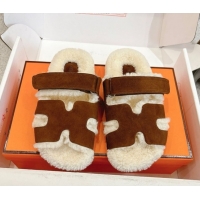 Popular Style Hermes Chypre Flat Slides Sandal in Suede and Shearling Dark Brown H102307 1023121