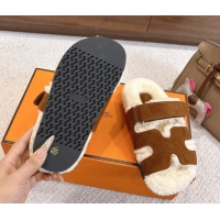Popular Style Hermes Chypre Flat Slides Sandal in Suede and Shearling Dark Brown H102307 1023121
