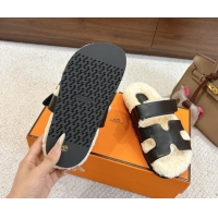 Most Popular Hermes Chypre Flat Slides Sandal in Calfskin Leather and Shearling Black H102307 1023122