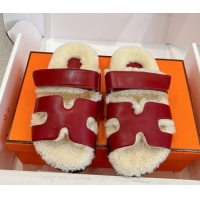 Good Looking Hermes Chypre Flat Slides Sandal in Calfskin Leather and Shearling Red 2025 H102307 1023123