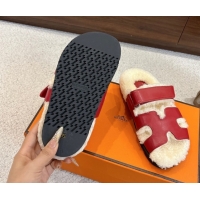 Good Looking Hermes Chypre Flat Slides Sandal in Calfskin Leather and Shearling Red 2025 H102307 1023123