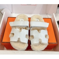 Top Design Hermes Chypre Flat Slides Sandal in Calfskin Leather and Shearling White H102307 1023124