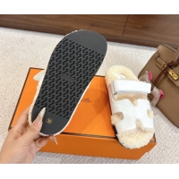Top Design Hermes Chypre Flat Slides Sandal in Calfskin Leather and Shearling White H102307 1023124