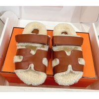Pretty Style Hermes Chypre Flat Slides Sandal in Calfskin Leather and Shearling Brown H102307 1023125