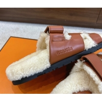Pretty Style Hermes Chypre Flat Slides Sandal in Calfskin Leather and Shearling Brown H102307 1023125