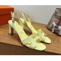 Luxurious Hermes Eremite Heel Sandals 8.5cm in Ostrich Embossed Leather Yellow H102308 1023129