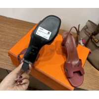 Shop Cheap Hermes Eremite Heel Sandals 8.5cm in Ostrich Embossed Leather Dark Brown H102308 1023130