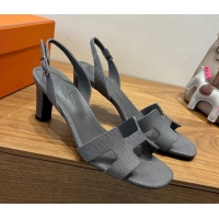 Good Quality Hermes Eremite Heel Sandals 8.5cm in Ostrich Embossed Leather Dark Grey 2025 H102308 1023131