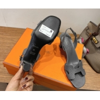 Good Quality Hermes Eremite Heel Sandals 8.5cm in Ostrich Embossed Leather Dark Grey 2025 H102308 1023131