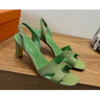 Classic Hot Hermes Eremite Heel Sandals 8.5cm in Ostrich Embossed Leather Green 2025 H102308 1023132