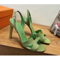Good Quality Hermes Eremite Heel Sandals 10cm in Ostrich Embossed Leather Green H102308 1023139