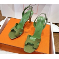 Good Quality Hermes Eremite Heel Sandals 10cm in Ostrich Embossed Leather Green H102308 1023139