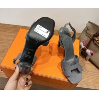 Top Grade Hermes Eremite Heel Sandals 10cm in Ostrich Embossed Leather Dark Grey H102308 1023140