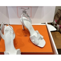 Durable Hermes Eremite Heel Sandals 10cm in Ostrich Embossed Leather White H102308 1023141