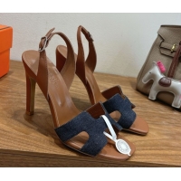 Most Popular Hermes Eremite Heel Sandals 10cm in Denim and Leather Dark Blue H02275 1023144