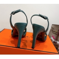 Top Design Hermes Eremite Heel Sandals 10cm in Grained Leather Dark Green H02275 1023160