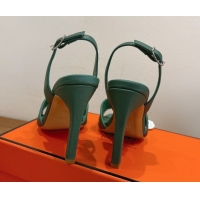 Good Product Hermes Eremite Heel Sandals 10cm in Grained Leather Green2 H02275 1023162