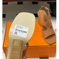 Luxury Cheap Hermes Kalya Wedge Sandals 10cm in Calfskin Leather Brown 1023169