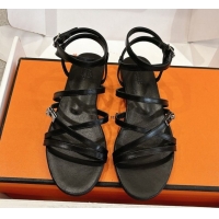 Good Quality Hermes Lullaby Flat Sandals in Kelly Buckle in Calfskin Leather Black 1023172
