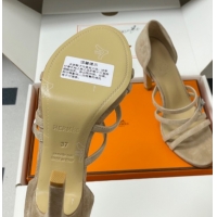 Charming Hermes Lipstick Heel Sandals 10.5cm with Kelly Buckle in Suede Beige 1023176
