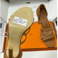Luxurious Hermes Lipstick Heel Sandals 10.5cm with Kelly Buckle in Suede Brown 1023177