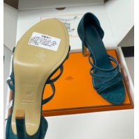 Low Price Hermes Lipstick Heel Sandals 10.5cm with Kelly Buckle in Suede Green 1023179