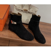 Stylish Hermes Neo Flat Ankle Boots in Suede with Kelly Buckle Black 1023182